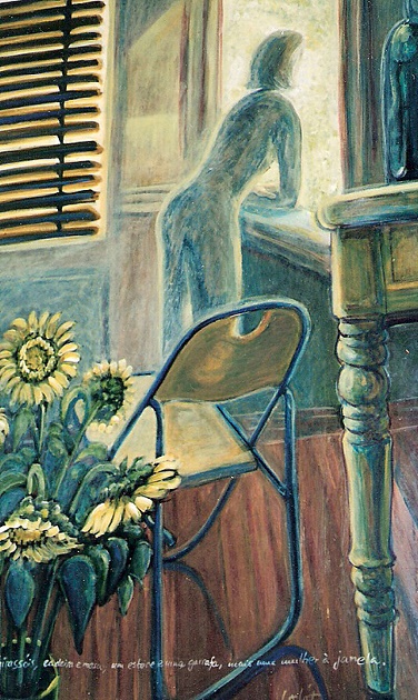 2001 'am Fenster' Binder,Leinen  75x115cm (Verkauft)